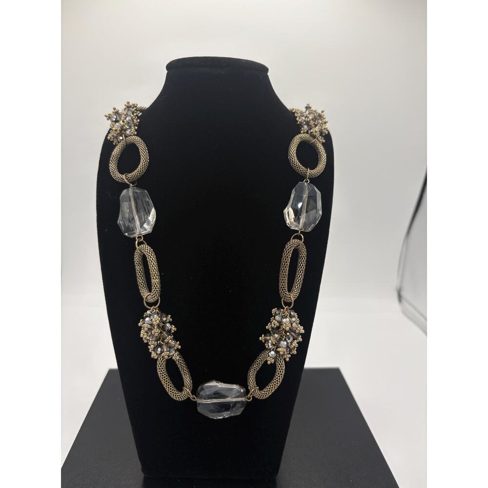 Vintage Gold-toned Mesh and Light Smoky Crystal Statement Long Necklace